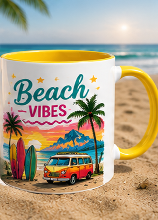 Beach Vibes custom colourful graphic mug — yellow